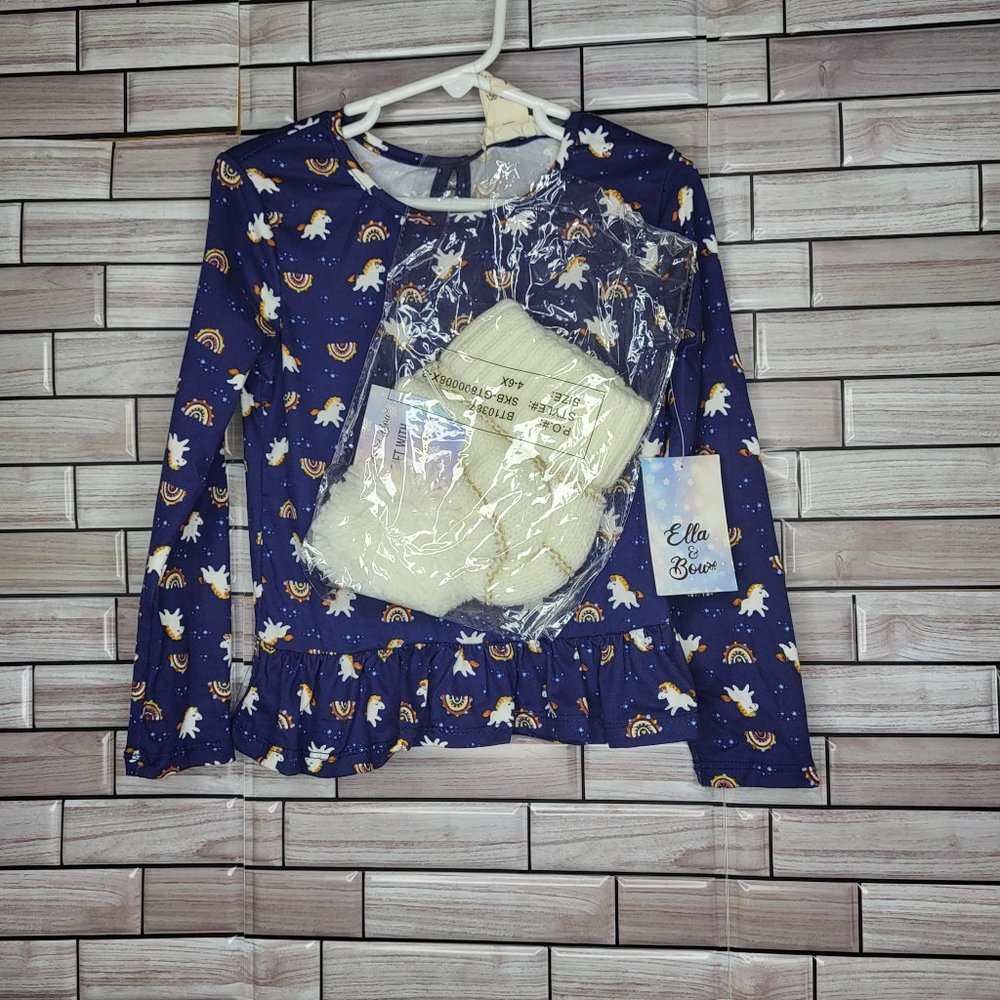 New Ella & Bow Girls Top Size 5 Blue Long Sleeve Unicorn Rainbows Shirt Beanie